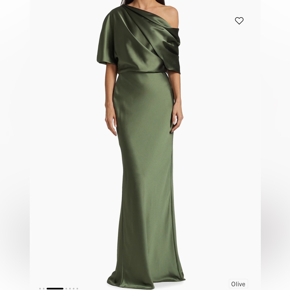 AMSALE Pryce Satin One Shoulder Gown Olive Size 4